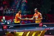 Paltan skipper Harmeet Desai and Sabine Winter celebrate a point during the mixed doubles.